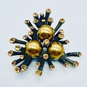 2" Pendant Atomic Brutalist Starburst Amber Rhinestone Gold Balls Unmarked